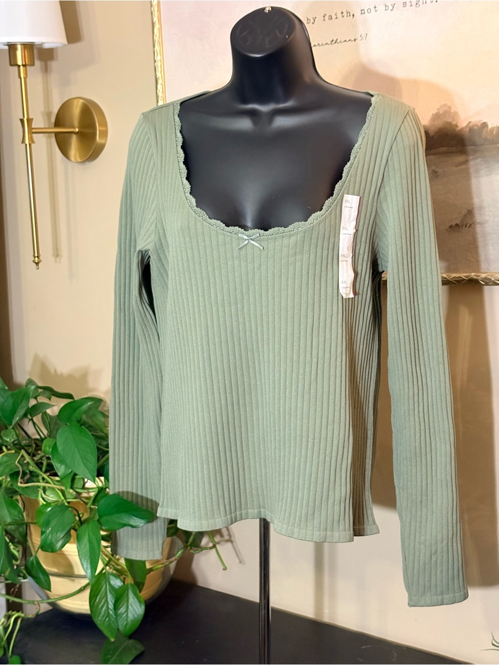 wild fable Sage Green Ribbed Scoop-Neck Long Sleeve Top NWT